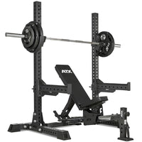 ATX® Free Stands - massives Hantel Rack freistehend inkl. J-Hooks und Safety Spotter Arms mit Langhantelstange, Hantelscheiben und der ATX Hantelban RAS