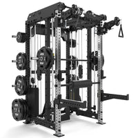 ATX® Multi Pull Smith Rack schräg von vorne mit Hantelscheiben