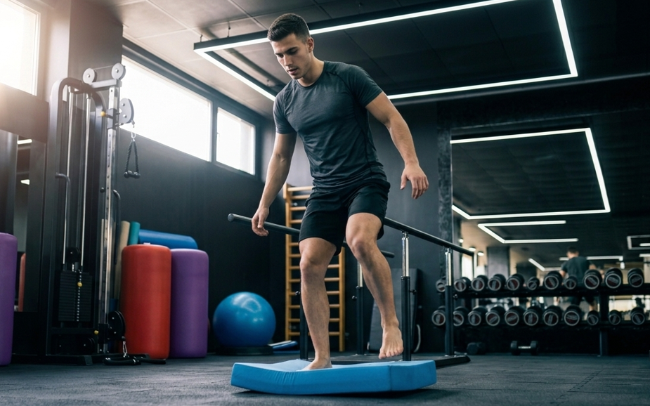 Mann trainiert mit Balance Pad im Fitnessstudio