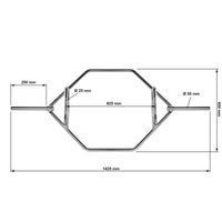 Hex Bar 30mm verchromt Sonderposten Maße: Gesamtlänge: 1435 mm; Griffweite: 600 mm; Griffdurchmesser: 25 mm; Länge Scheibenaufnahme: 250 mm