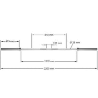 Maße: 2200 mm Gesamtlänge, 28 mm Griffdurchmesser, 415 mm beladbare Aufnahme 