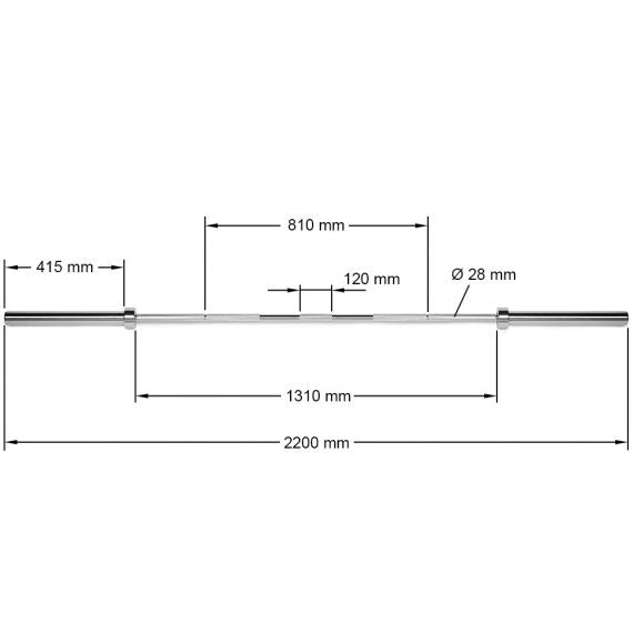 Maße: 2200 mm Gesamtlänge, 28 mm Griffdurchmesser, 415 mm beladbare Aufnahme 