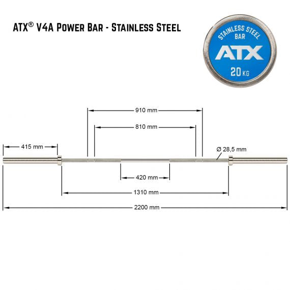 Maße der ATX® V4A Power Bar / Hantelstange - Stainless Steel