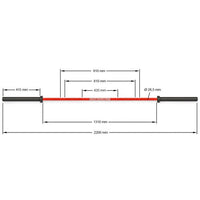 Maße der Hantelstange: Gesamtlänge - 2200 mm, Griffdurchmesser - 28,5 mm, Griffweitenmarkierung - double - 810/910