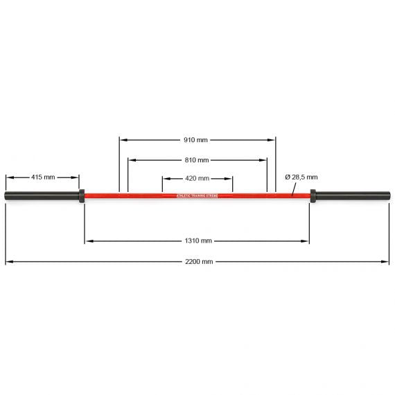 Maße der Hantelstange: Gesamtlänge - 2200 mm, Griffdurchmesser - 28,5 mm, Griffweitenmarkierung - double - 810/910