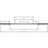 Maße der Langhantelstange: 2200 mm Gesamtlänge, 28,5 mm Griffdurchmesser, 415 mm Scheibenaufnahme