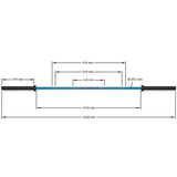 Maße der Hantelstange: 2200 mm Gesamtlänge, 415 mm Hantelscheibenaufnahme, 28,5 mm Griffdurchmesser
