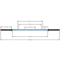 Maße der Hantelstange: 2200 mm Gesamtlänge, 415 mm Hantelscheibenaufnahme, 28,5 mm Griffdurchmesser