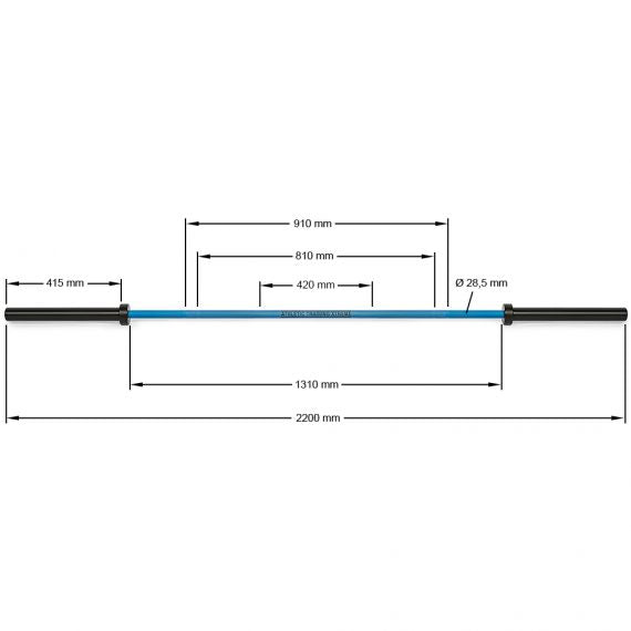 Maße der Hantelstange: 2200 mm Gesamtlänge, 415 mm Hantelscheibenaufnahme, 28,5 mm Griffdurchmesser