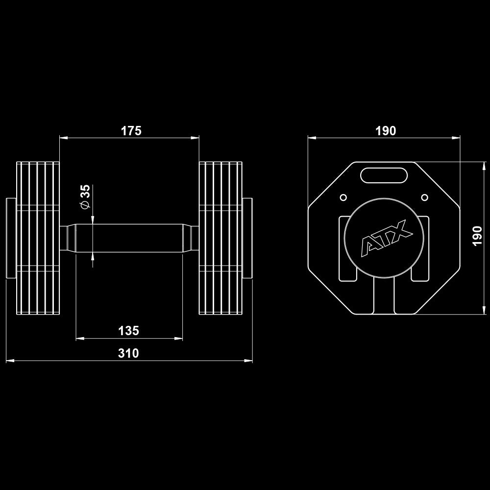 ATX® Verstellbare Kurzhanteln - Octa Dumbbells - 2 x 24 kg Maße