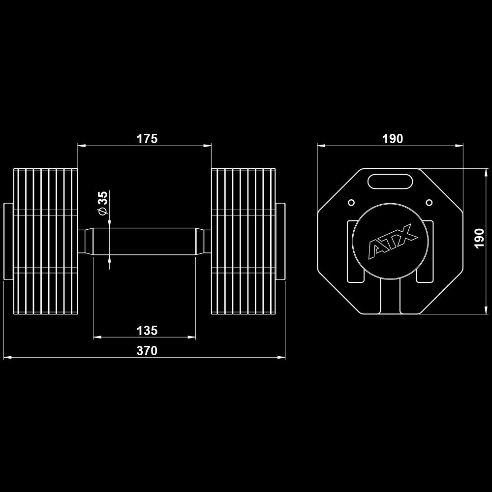 ATX® Verstellbare Kurzhanteln - Octa Dumbbells - 2 x 53 kg Maße