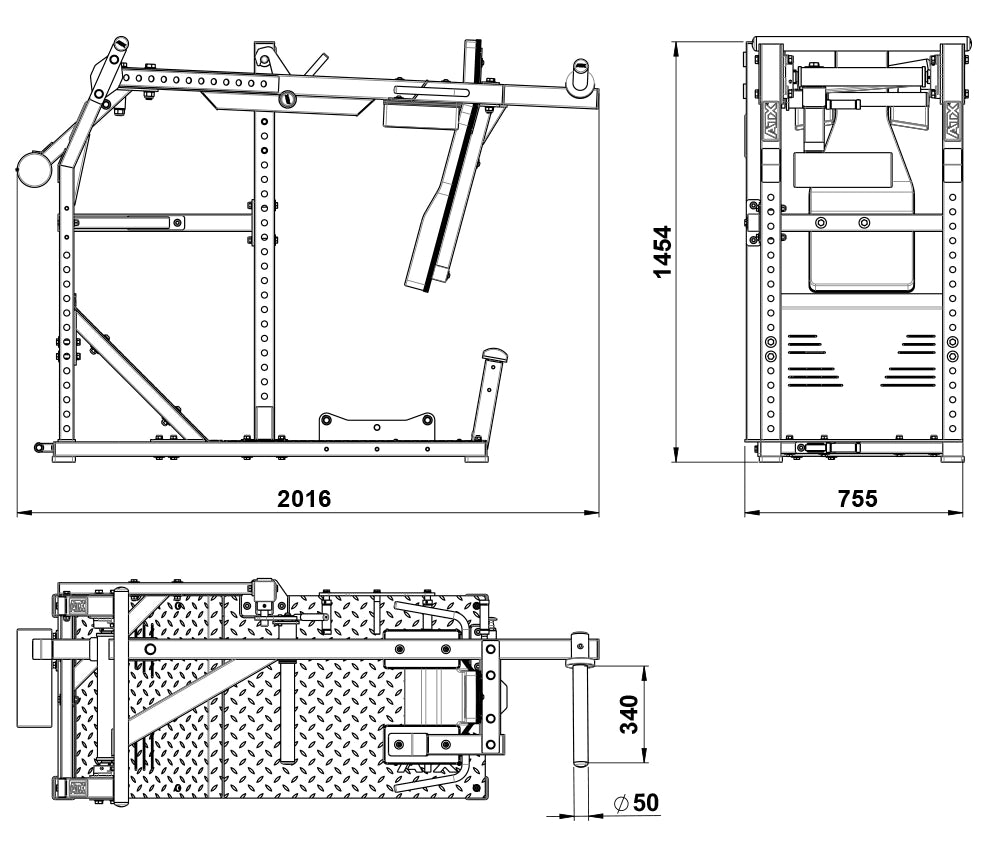 ATX® Pendulum Squat - Maße: Länge: 2016 mm; Breite: 755 mm; Höhe: 1454 mm