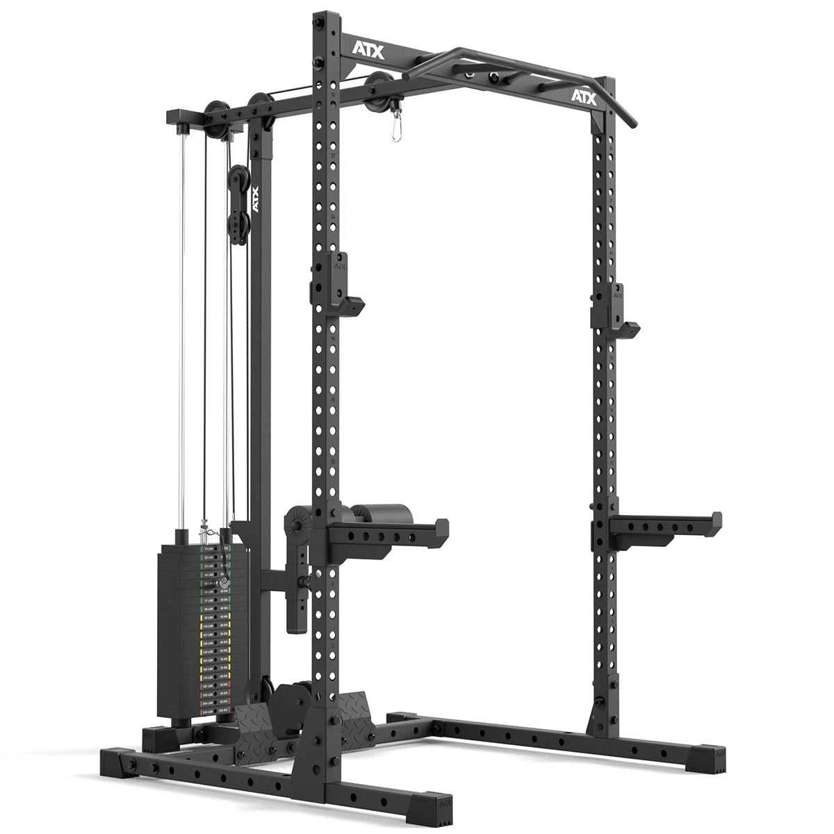 ATX® Half Rack 510 mit Latzugstation - 100 kg Steckgewichte - Höhe 195 cm schräg von vorne