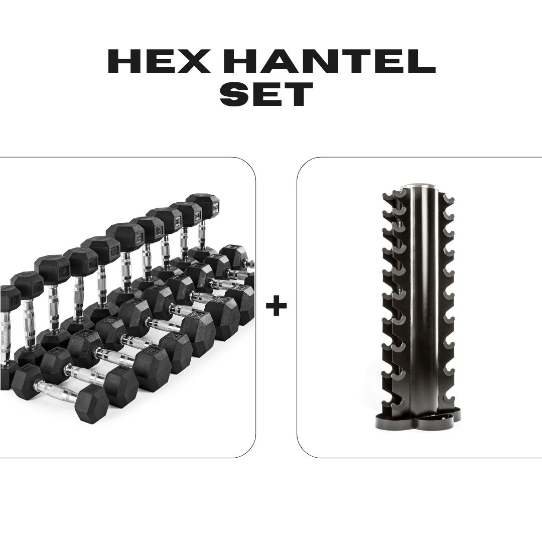 Vorteilspaket! Hex Hantelsatz Gummi - 1 bis 10 kg + Hantelablage