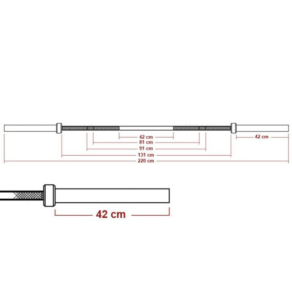 Maße der Hantelstange: Gesamtlänge 220cm, Scheibenaufnahme 42 cm