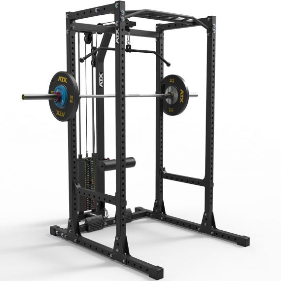 ATX® Power Rack PRX 650 mit Kabelzug und Zubehör: Klimmzugstange, Latzugstange, Notablagen, und Langhantelstange