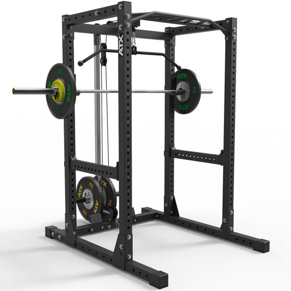 ATX® Power Rack – Komplettstation- 710 mit Zubehör: Plate Load Latzug, Latzugstange, Langhantelstange 50 mm mit Hantelscheiben und Notablagen