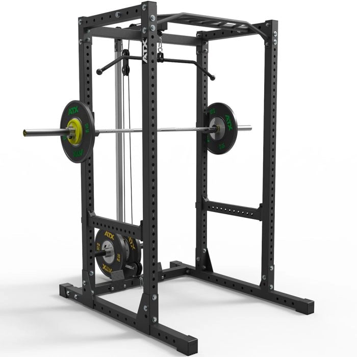 ATX Power Rack 720 mit Latzug Plate Load 520, Langhantelstange 50 mm, Latzugstange und Sicherheitsnotablagen