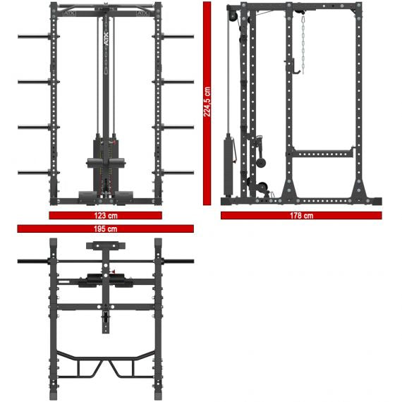 Maße Komplettstation Power Rack 750: Länge 178 cm, Breite Hantelablage 123 cm, Gesamte Breite 195 cm, Höhe 224,5 cm