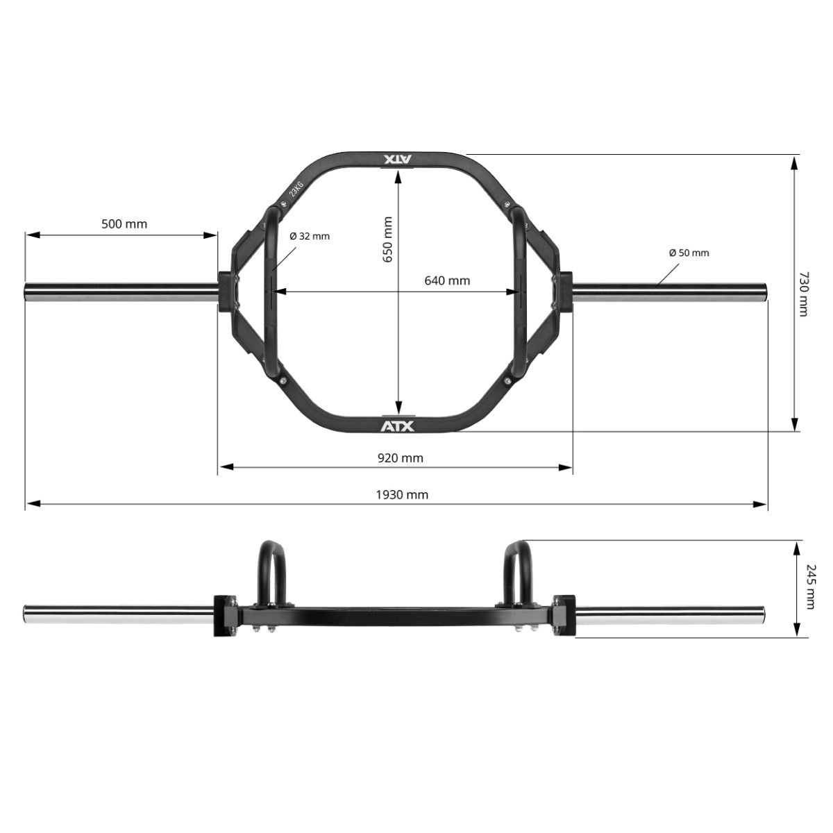 Hex Bar - Trap Bar XL Maße: Gesamtlänge: 1930 mm; Gewicht: 23 kg; Griffdurchmesser: 32 mm; Rändelung: Medium 1.2 mm; Beladbare Aufnahme:	500 mm 