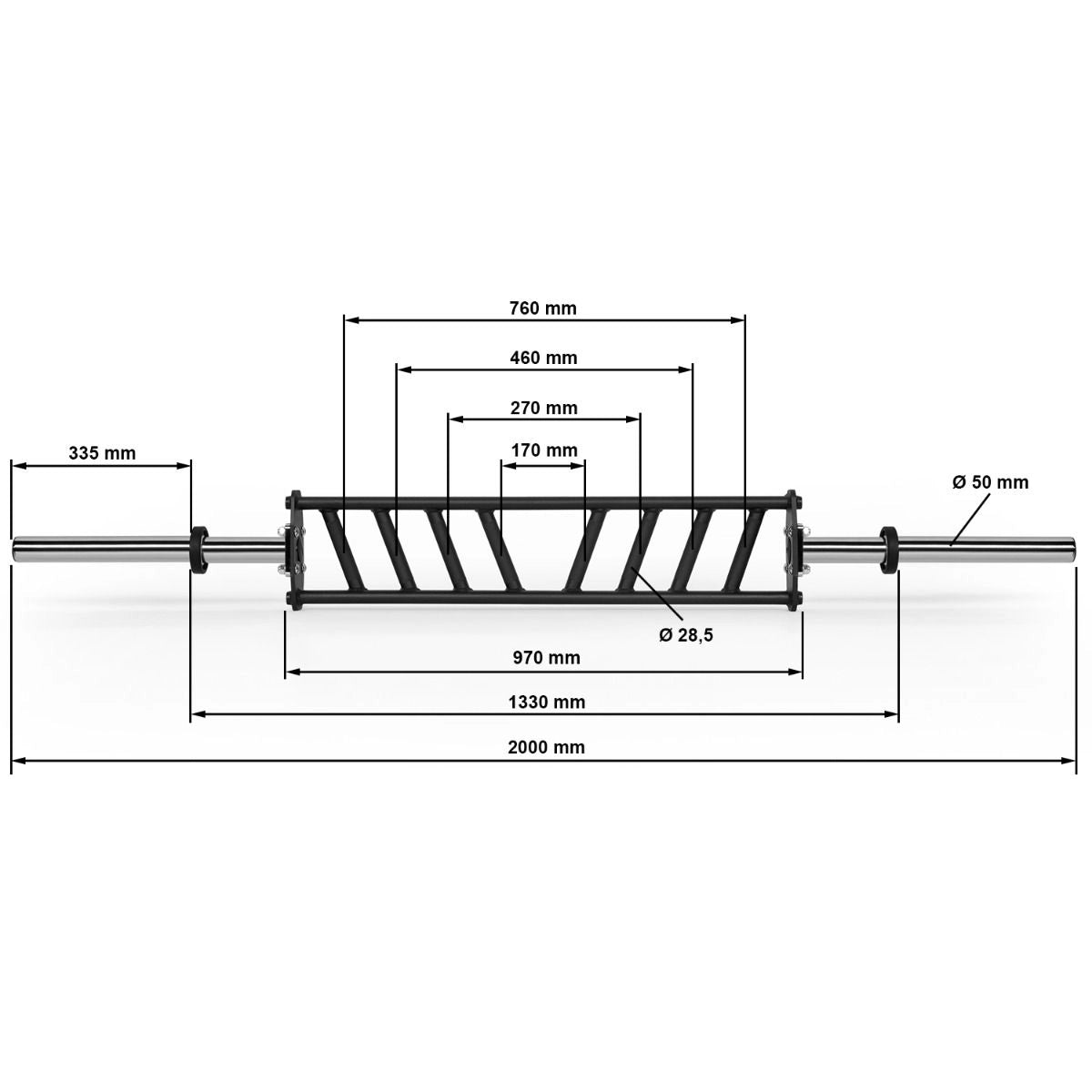 ATX® Multi Grip Bar - Diagonal - 30 mm Maße: Gesamtlänge: 2000 mm; Griffdurchmesser: 28,5 mm; Länge-Scheibenaufnahme: 335 mm 