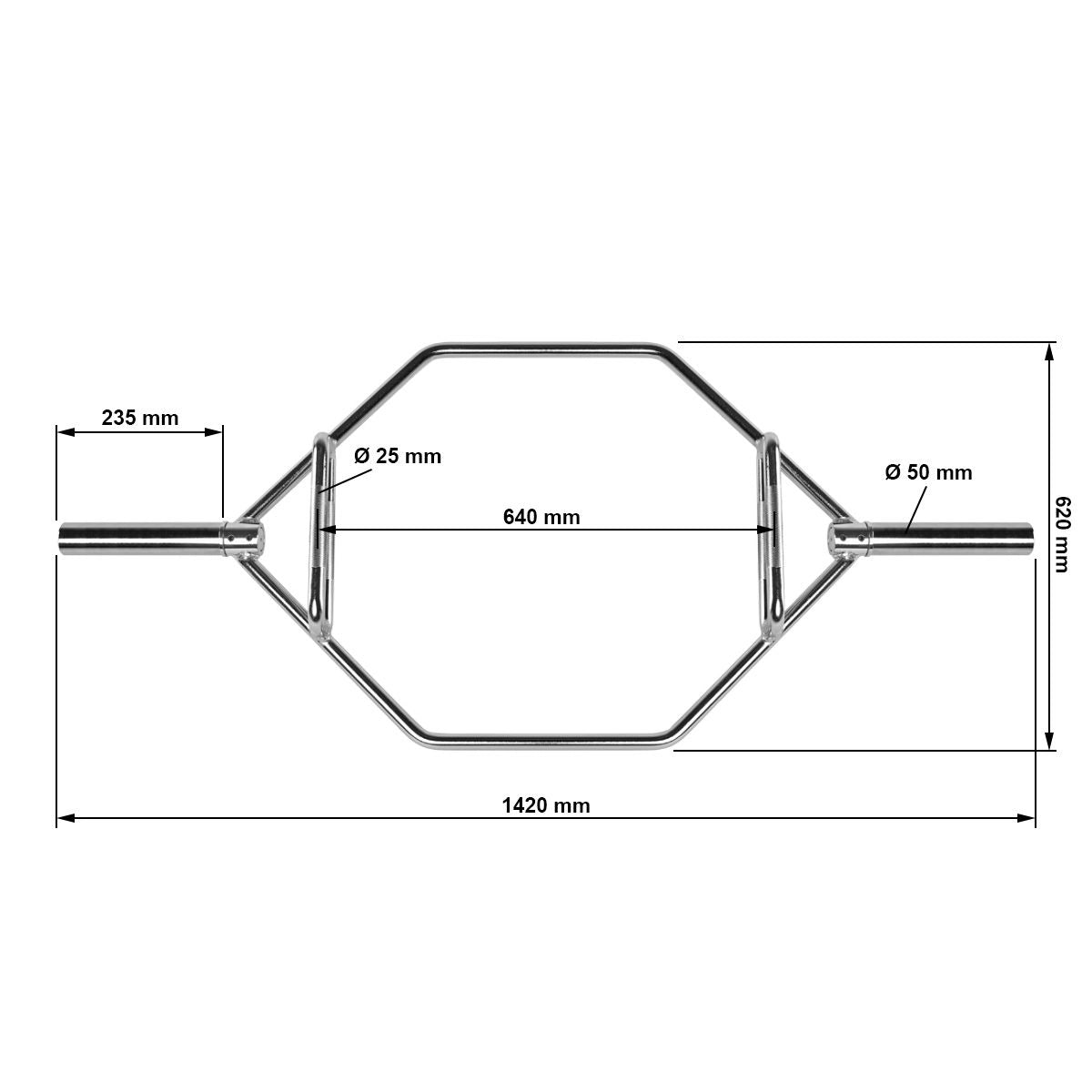 Hex Bar Chrom - Sonderpreis B-Ware Maße: Gesamtlänge:1420 mm; Gewicht: 23 kg; Griffdurchmesser: 25 mm; Beladbare Aufnahme: 235 mm 